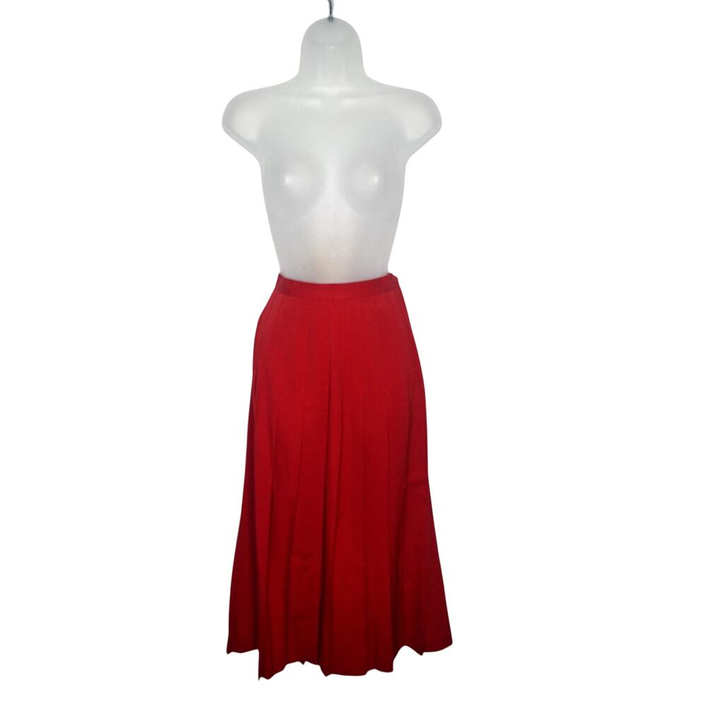 Vintage 70's Tomato Red Pleated Wool Midi Skirt S Union Label ILGWU Easy Pieces
